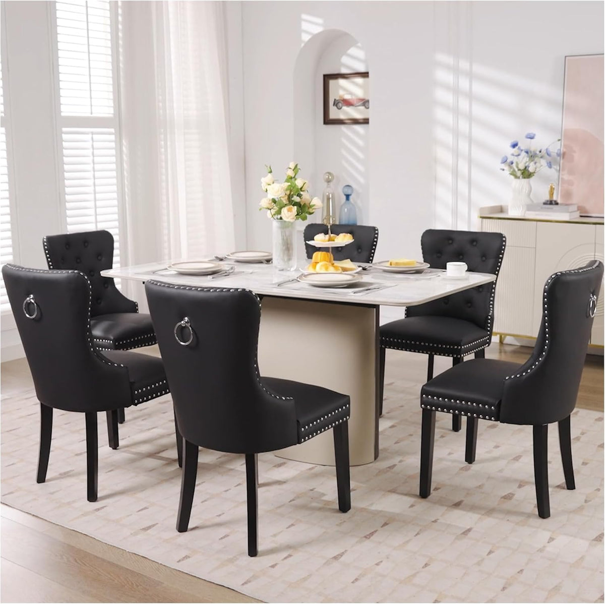 PU Leather Dining Chairs Set of 4, Tufted Upholstered Dining Room Chair with Solid Wood Legs and Pull Ring, Black