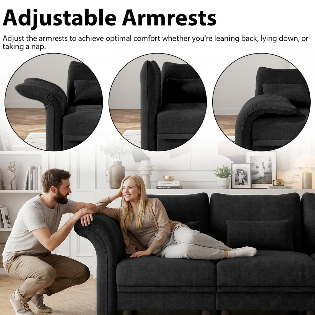 8 Seater Sectional Couches with Hidden Storage, Adjustable Armrest, Black Chenille Modular Sectional Sofa with Plush