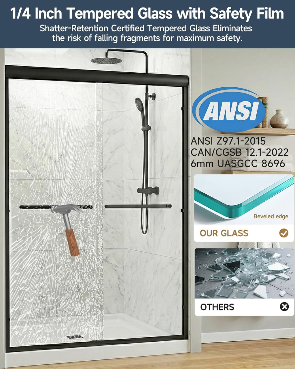 Sliding Shower Doors, 44-48 in W x 72 in H Glass Shower Door, 1/4 in(6mm) Tempered Glass