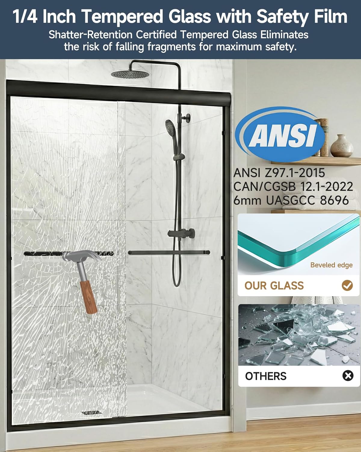 Sliding Shower Doors, 44-48 in W x 72 in H Glass Shower Door, 1/4 in(6mm) Tempered Glass