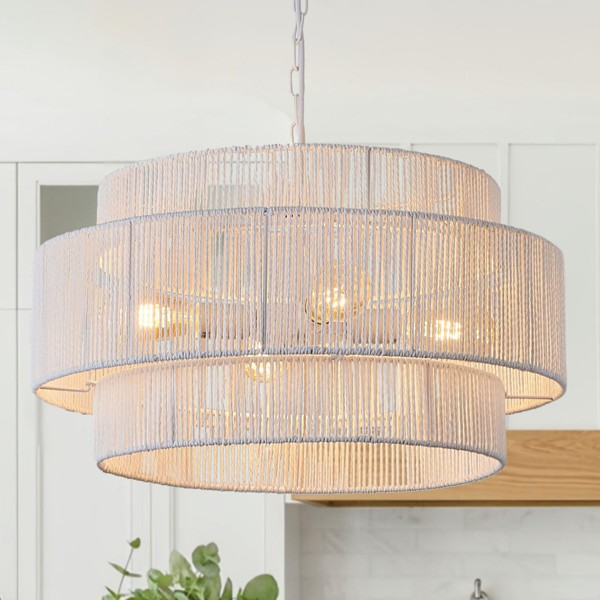 4-Light Large White Rattan Chandeliers, 22.8in Boho Coastal Pendant Lights