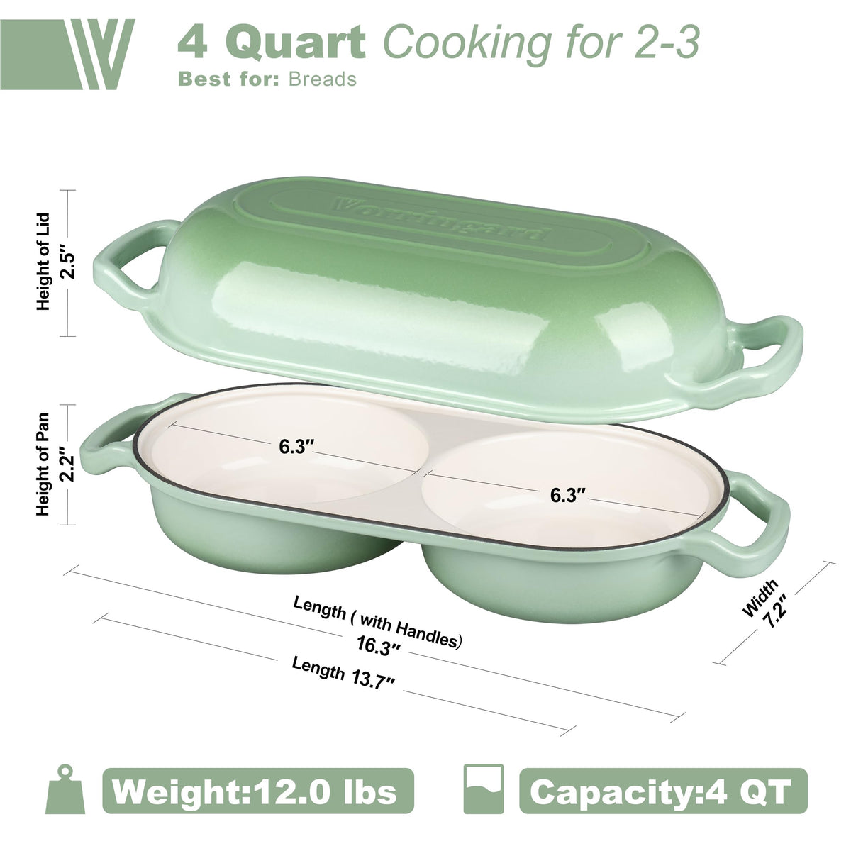 Enameled Cast Iron Double Dutch Oven with Lid, Dual Round Loaf Pan, Bread pan made Sourdough Bread Baking, Green