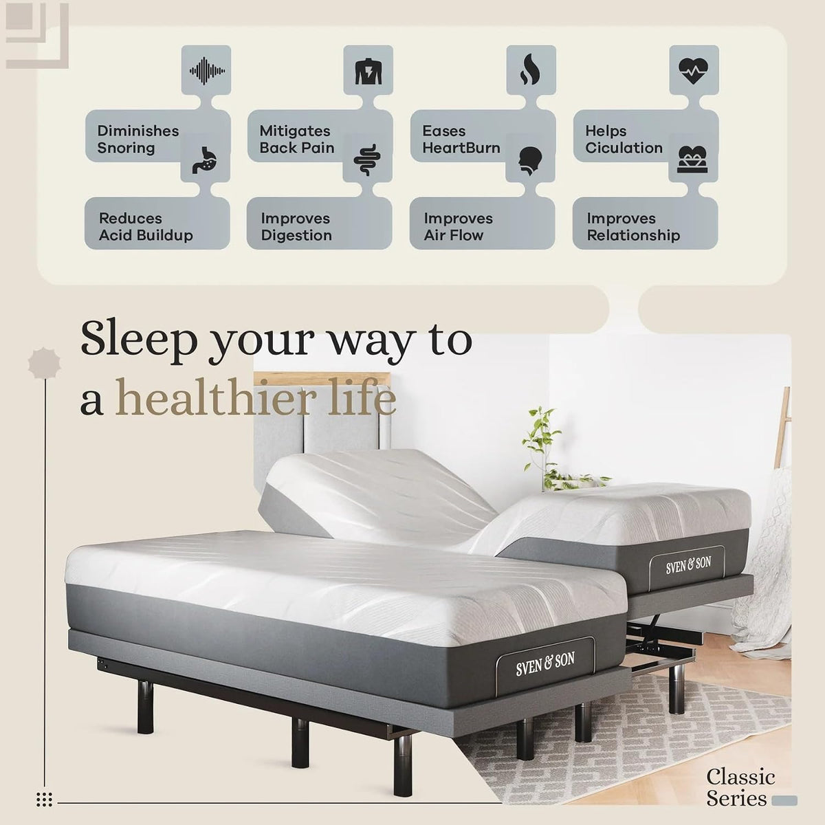 Classic Adjustable Bed Base, Head and Foot Lift, Massage, Under-Bed Lights, USB, Gel Memory, Zero Gravity Smart Frame