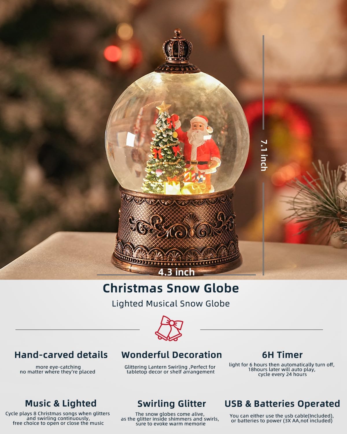 Snow Globe Christmas with Santa Claus, Lighted Christmas Snow Globes with Timer, Swirling Musical Glittering