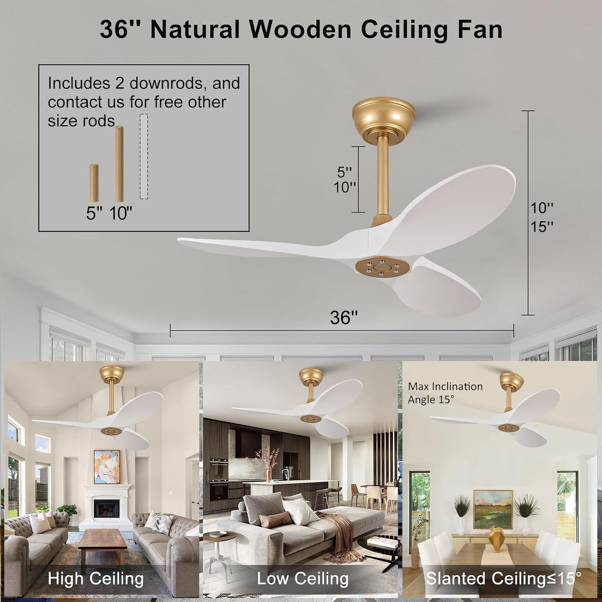 36" Indoor/Outdoor Ceiling Fan with Remote, No Light