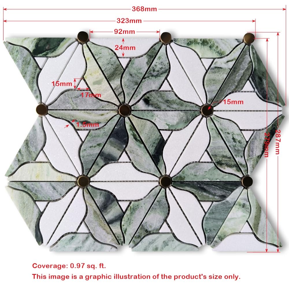 Thassos White Sagano Vibrant Green Marble Lily Bouquet Flower Leaf Mosaic Tile w/Brass Pistil Honed Kitchen Bath Wall