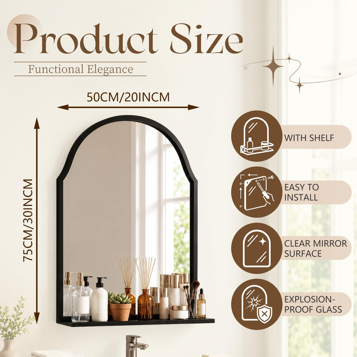30x20 Inch Arched Bathroom Mirror with Shelf, Black, Metal Frame