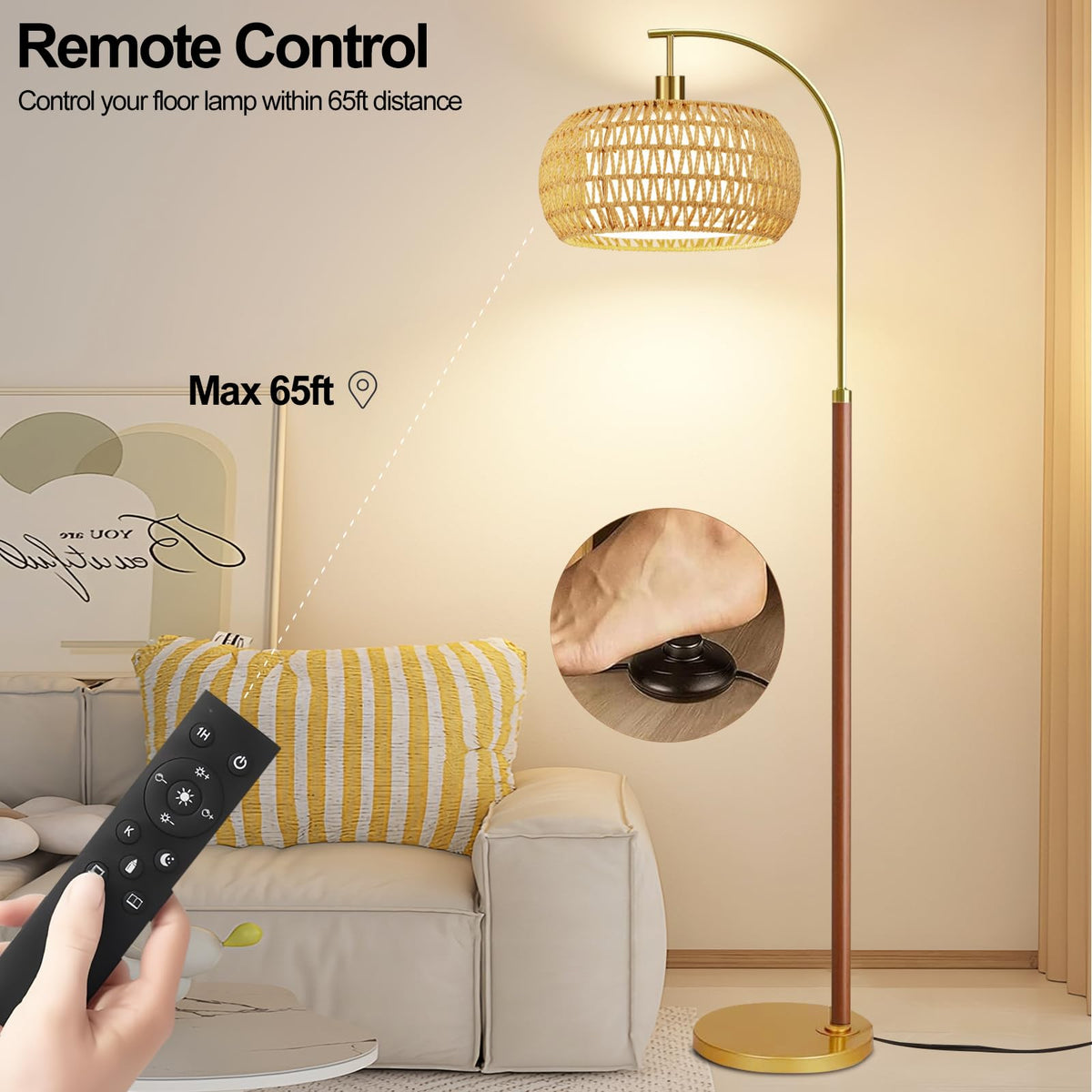 Wood Arc Floor Lamps, Boho Rattan Floor Lamp with Remote Control & 3 Color Temperatures, Dimmable Mid Century Modern