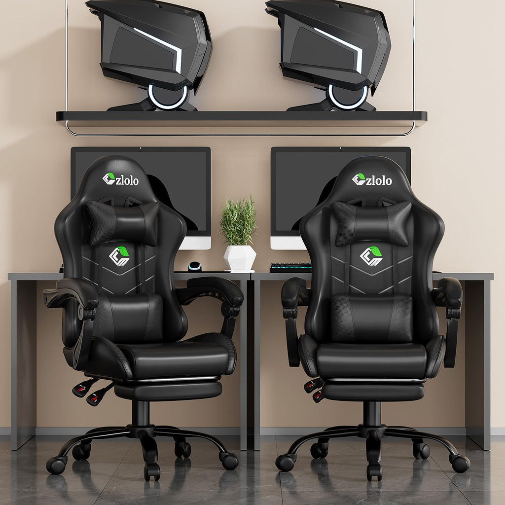 Gaming Chair with Footrest Racing Style Lumbar Support Massager Video Game Chair with Metal Legs, High Back Gamer