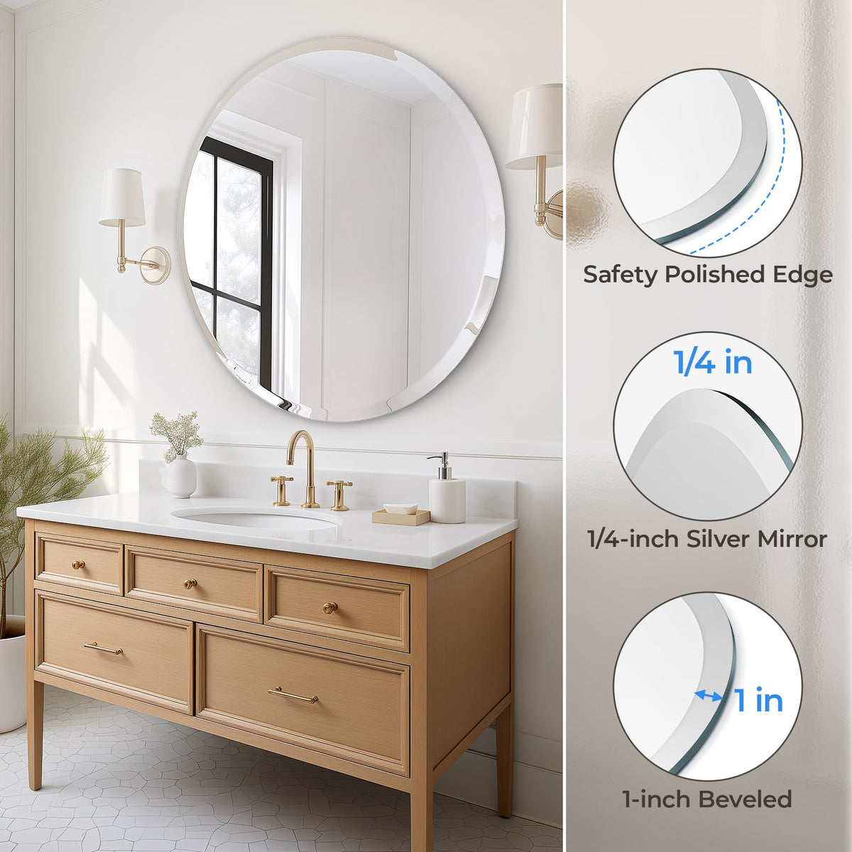 36" Round Frameless Wall Mirror with Beveled Edge