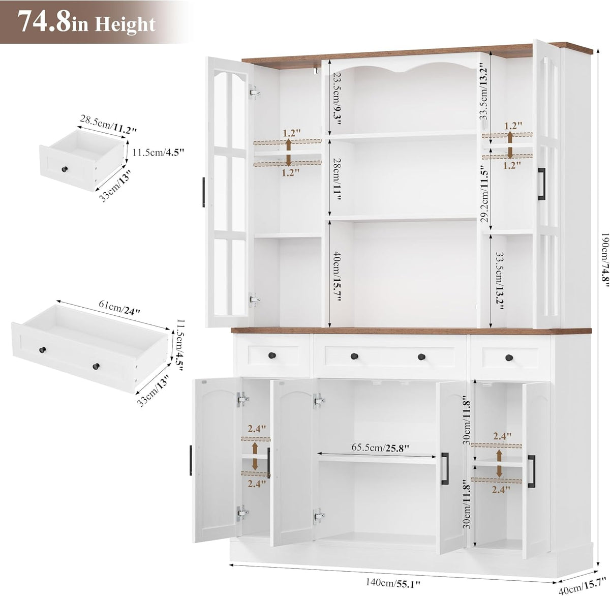 74.8" Tall Pantry Cabinet with Microwave Stand, Large Storage Kitchen Hutch with 3 Drawers & Adjustable Shelves