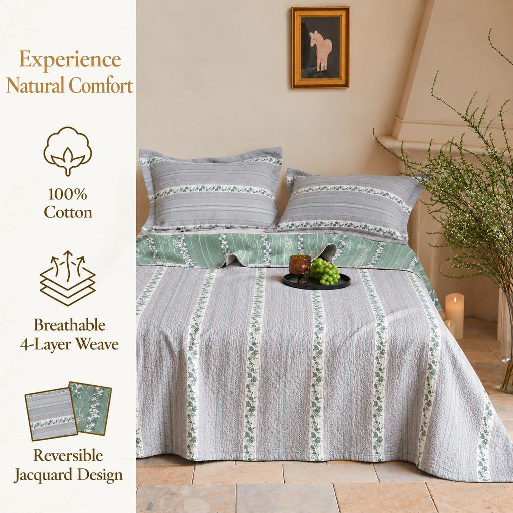 Cotton Jacquard Flower Quilt Set, 3-Piece Botanical Bedspread