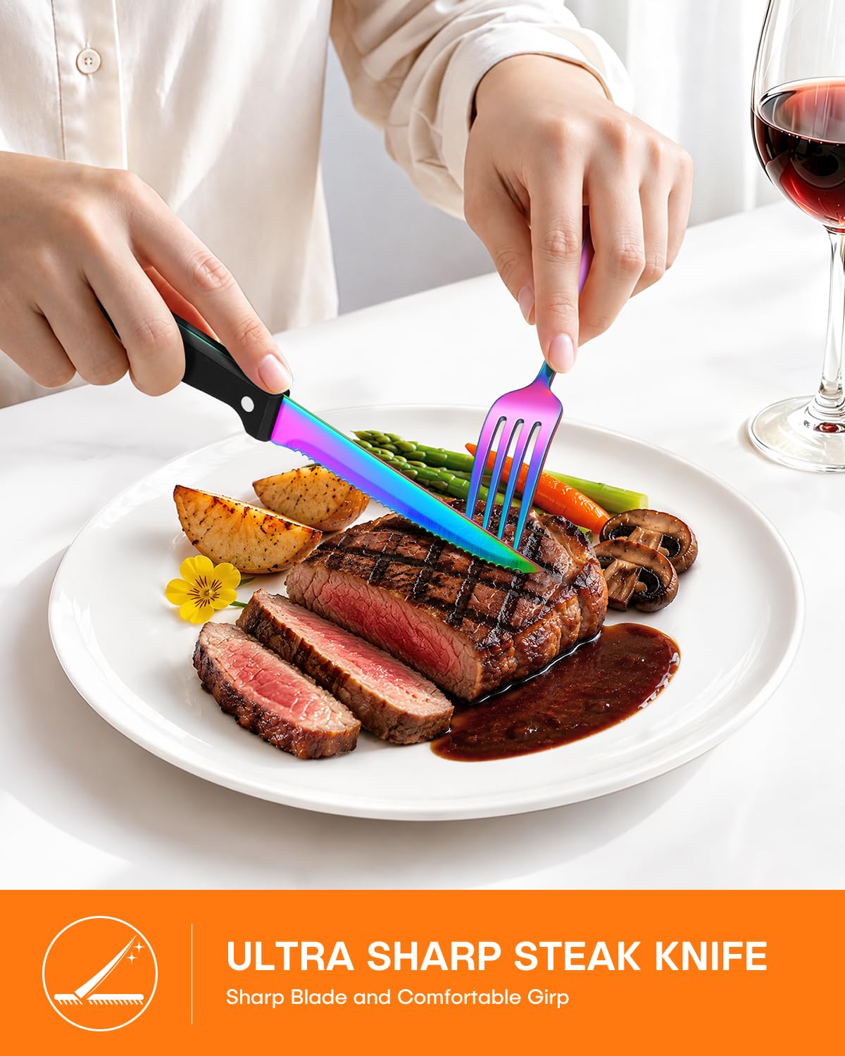 24 Piece Rainbow Silverware Set with Steak Knives Stainless Steel Flatware Set for 4 Cutlery Utensil Set Mirror