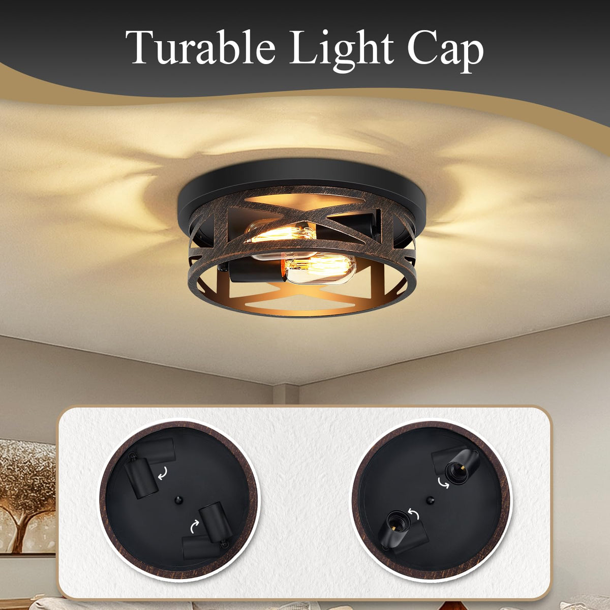 Flush Mount Ceiling Light Fixture, Vintage Metal Black 2-Light Hallway Light Fixtures Ceiling, Rustic Retro Light