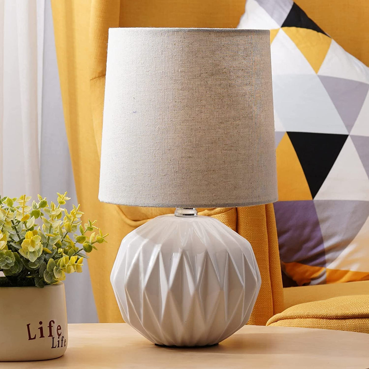 White Ceramic Table Lamp, Geometric Textured Small Bedside Lamp with Linen Shade, Mid Century Modern Nightstand Lamp
