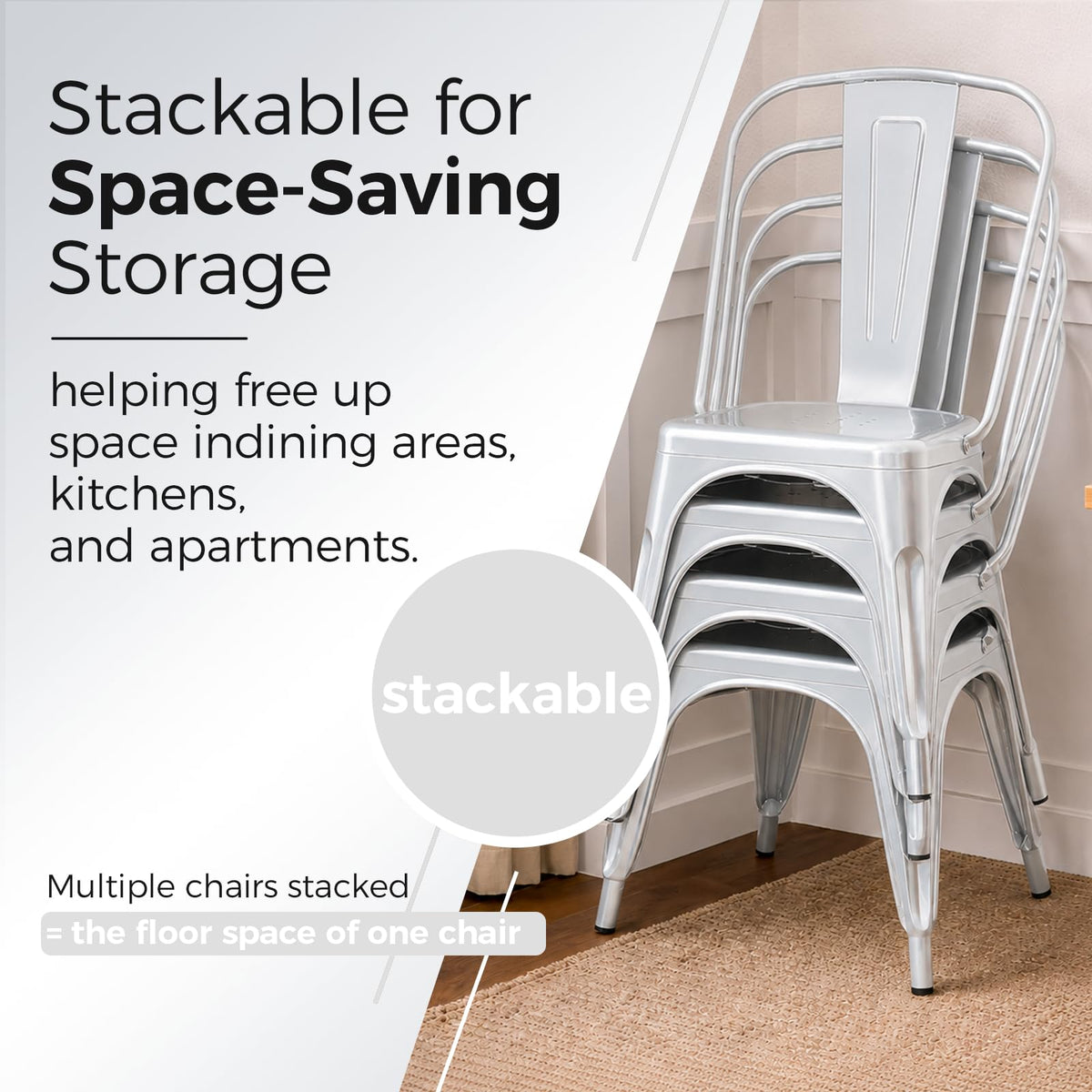 Metal with Backrest, Stackable, Silver, 8 Pack