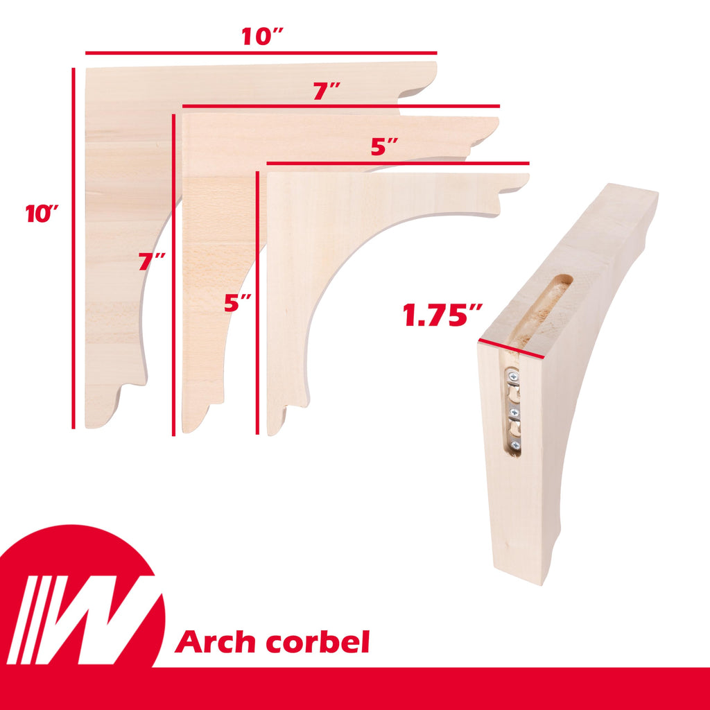 Arch Corbel (2 Count, Small) | 5" x 5" x 13⁄4" Unfinished Hardwood Bracket w/Pre-Installed Keyhole Plate | Decorative
