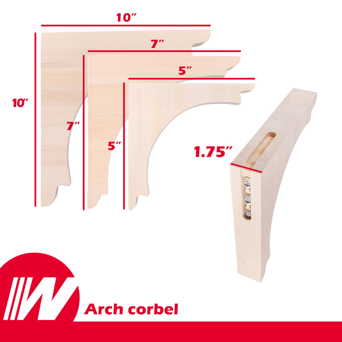 Arch Corbel (2 Count, Small) | 5" x 5" x 13⁄4" Unfinished Hardwood Bracket w/Pre-Installed Keyhole Plate | Decorative