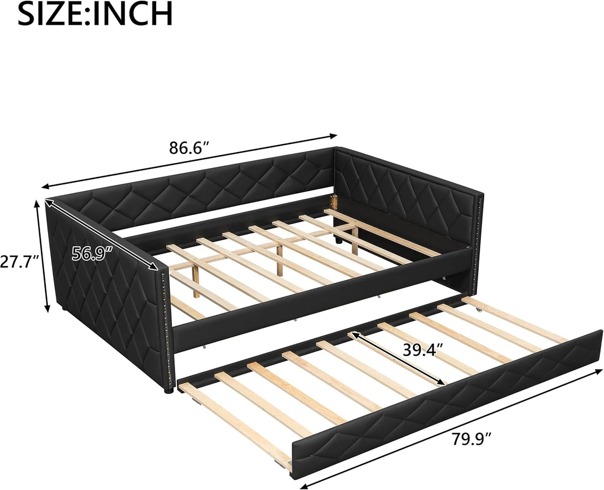 Full XL Size Daybed with Trundle, PU Leather Day Bed Frame | Black PU leather upholstered trundle bed with backrest