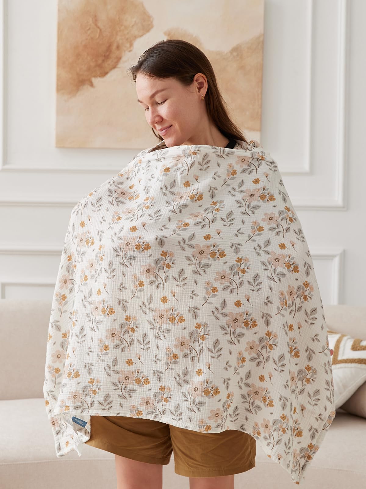 Muslin Nursing Cover for Baby Breastfeeding, 100% Cotton Breathable with Arch Neckline for Women, Yellow Flower