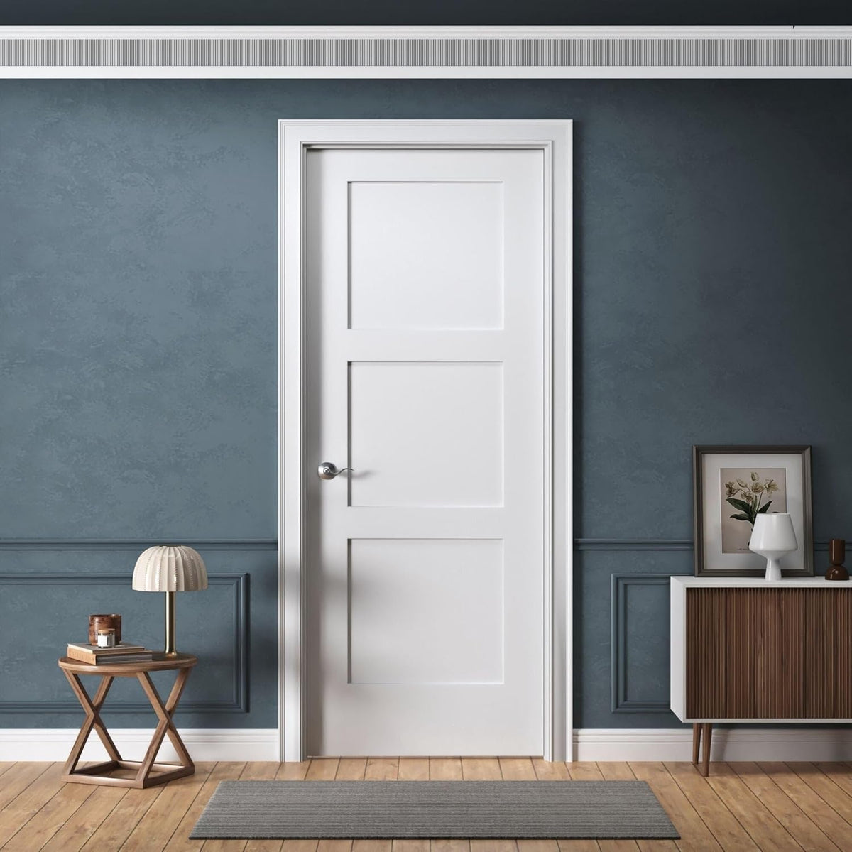 30" x 80" Prehung Interior Wood Door, 3-Panel Shaker, Left Handing, Solid Core, White Primed, with Pre-Drilled Holes, Frame (Jambs Kit), and Satin Nickel Hinges, for Closet, Pantry, and Bedroom Use