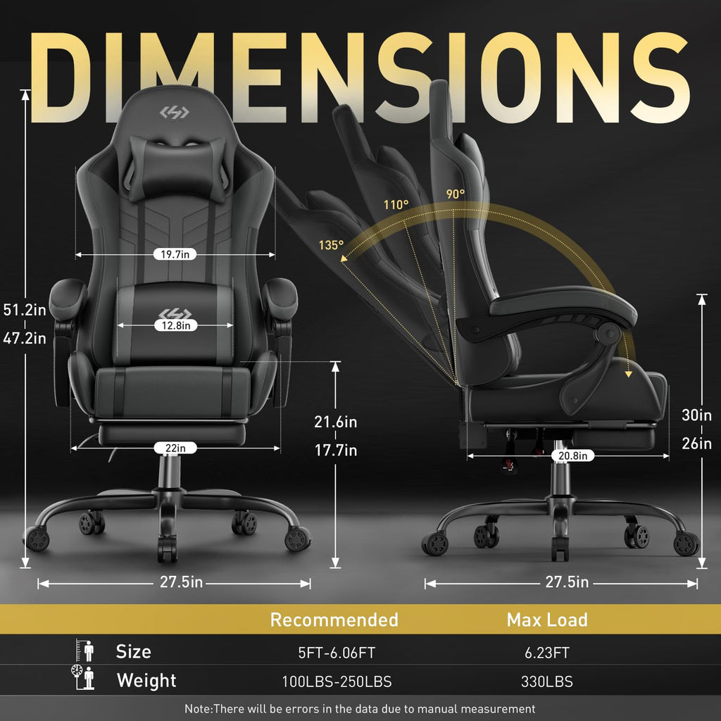 High Back Gaming Chair, USB Massage Lumbar Support, Black&Grey