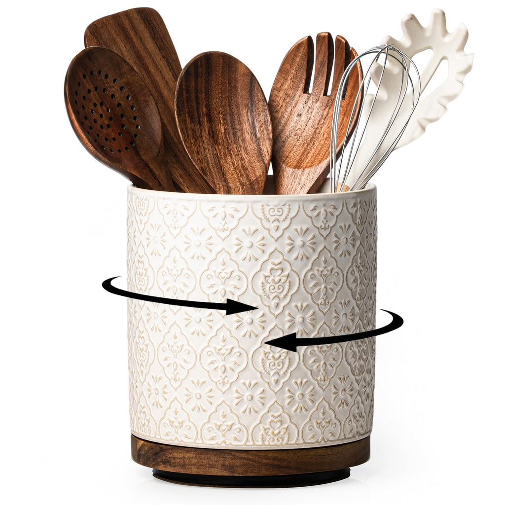 Kitchen Utensil Holder, 360° Rotating Extra Large Ceramic Utensil Holder with Embossed Pattern, 7.3" Cooking Utensil