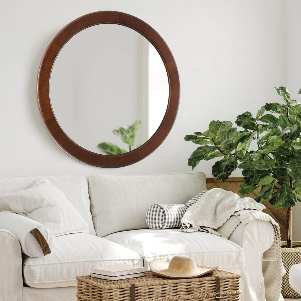 Round Mirrors 30 Inch,Wood Vanity Wall Rustic Mirror With Walnut Frame