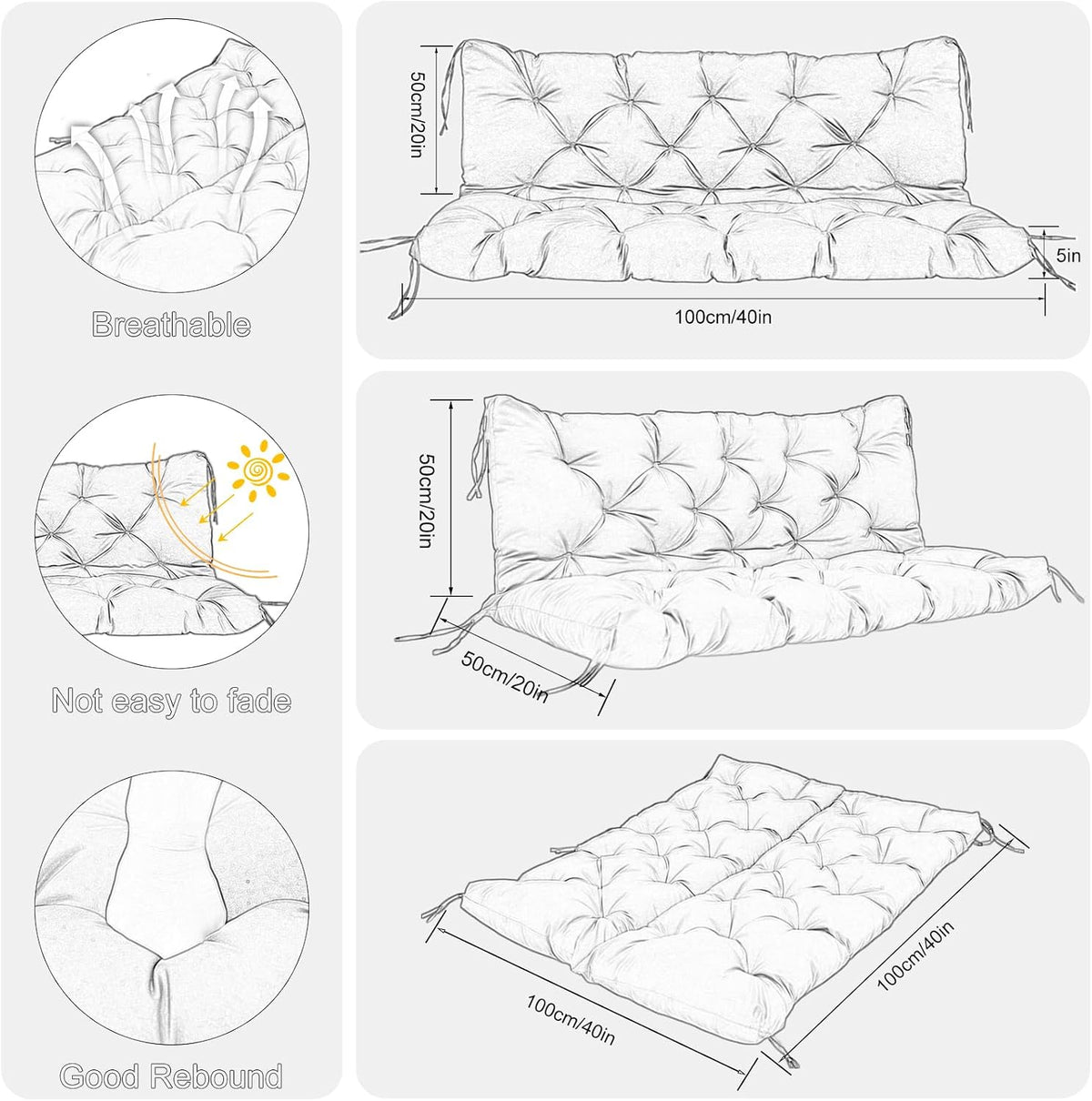 Porch Swing Cushions Outdoor 48 Inch x 40 Waterproof Swing Cushions 3