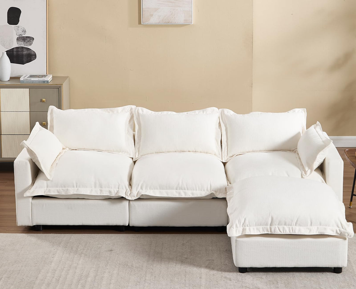 97" Modular Sectional Sofa with Moveable Ottoman Upholstered Deep Seat Linen Couch Set with Soft Pillows L Shaped