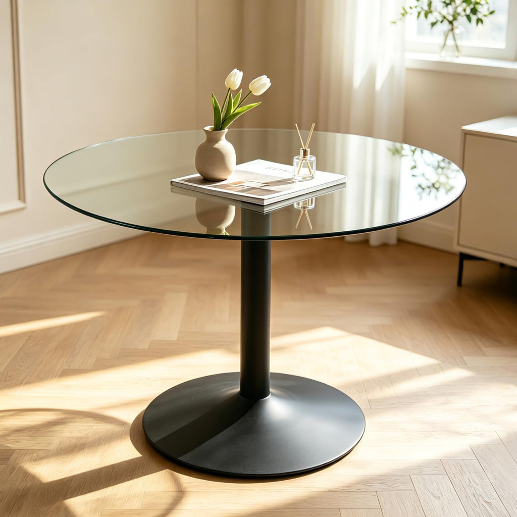 Inspired Saarinen Style 40 Inch Round Tempered Glass Dining Table for 2-4 Person, Modern Tulip Kitchen Table with Black Metal Base, Pedestal