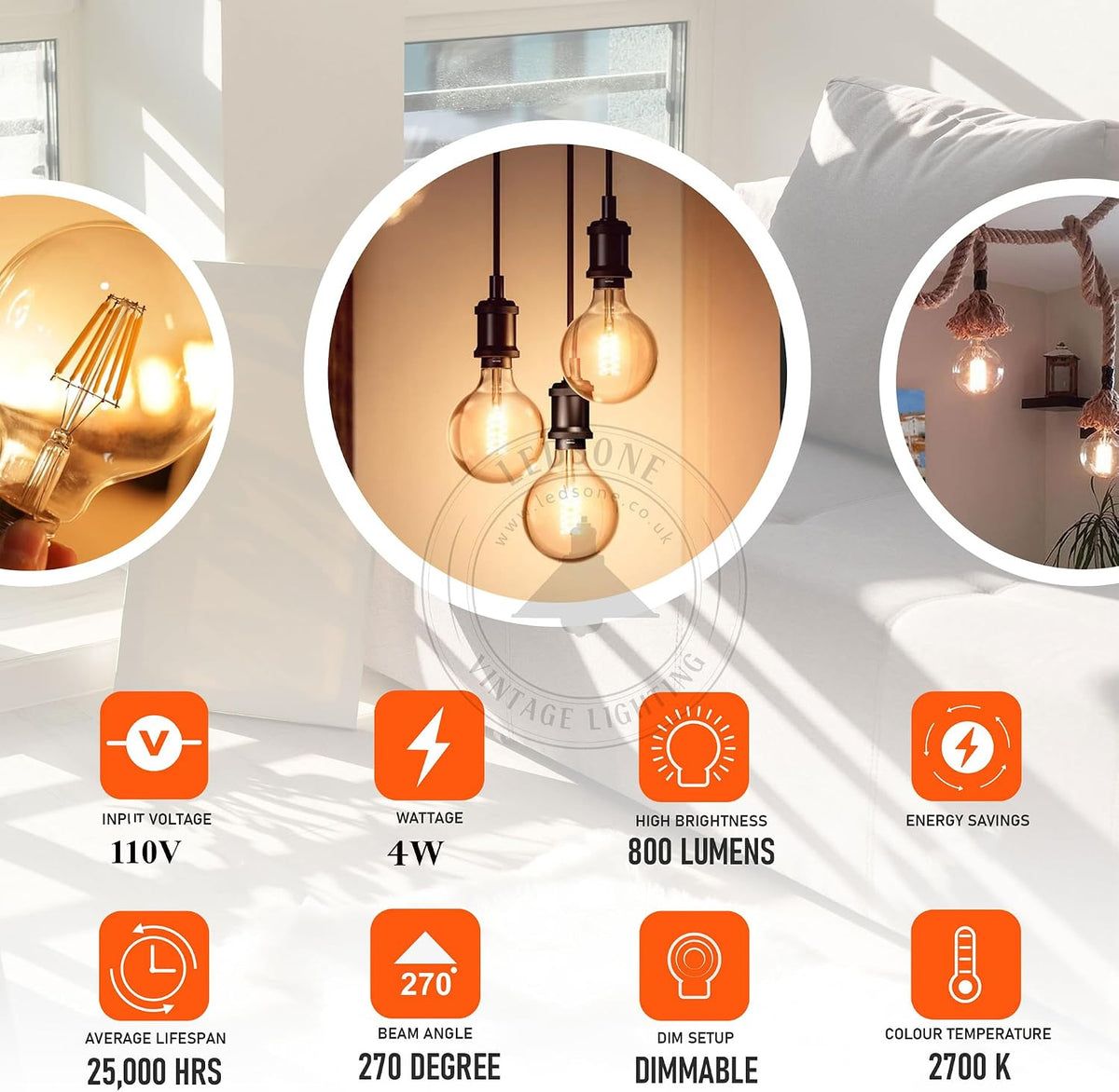Dimmable G95 E26 LED Edison Style Light Bulbs 4W, G95 Edison Screw Decorative Filament Bulbs Amber Globe Glass Warm