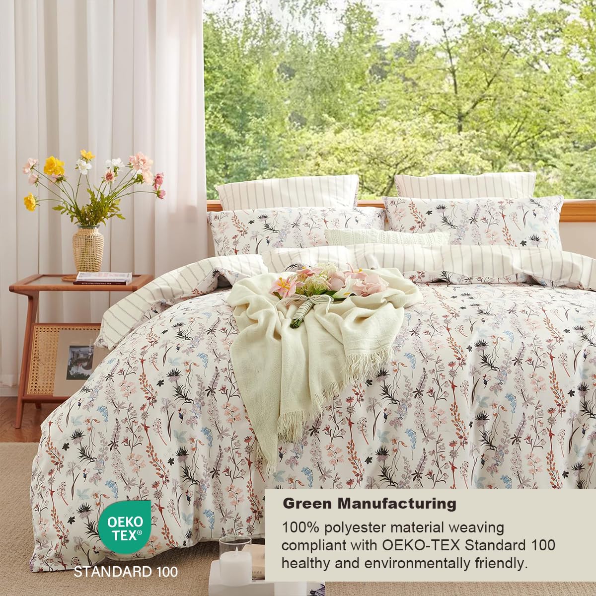 Floral Duvet Cover 3 Pieces Aesthetic Reversible Striped Bedding Set Farmhouse Botanical Flowers Design Soft