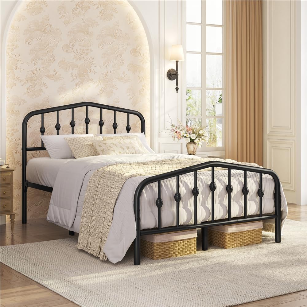 Metal Bed Frame with Victorian Vintage Headboard, Black
