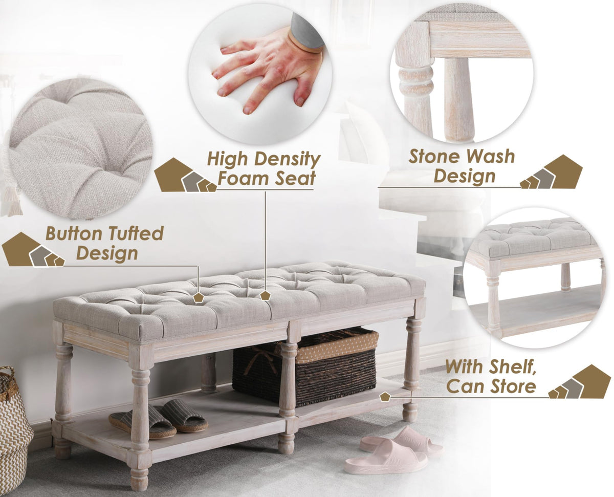 Farmhouse Storage Bench Wooden Entryway Upholstered Tufted Ottoman Bench End of Bed Hallway Organizer, Beige