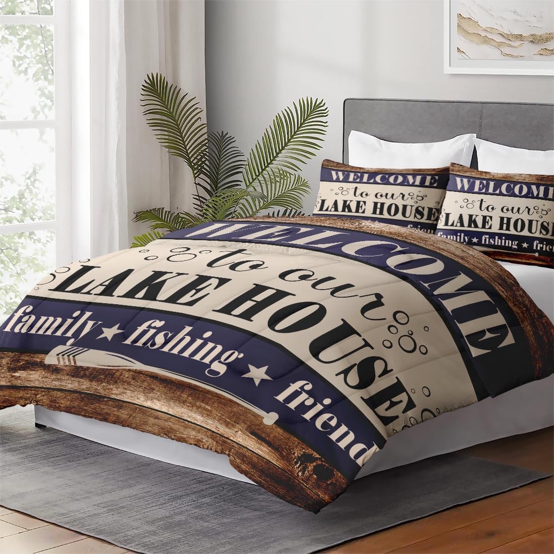 Comforter Set, 3 Pieces Cabin Fishing Bedding, All Season