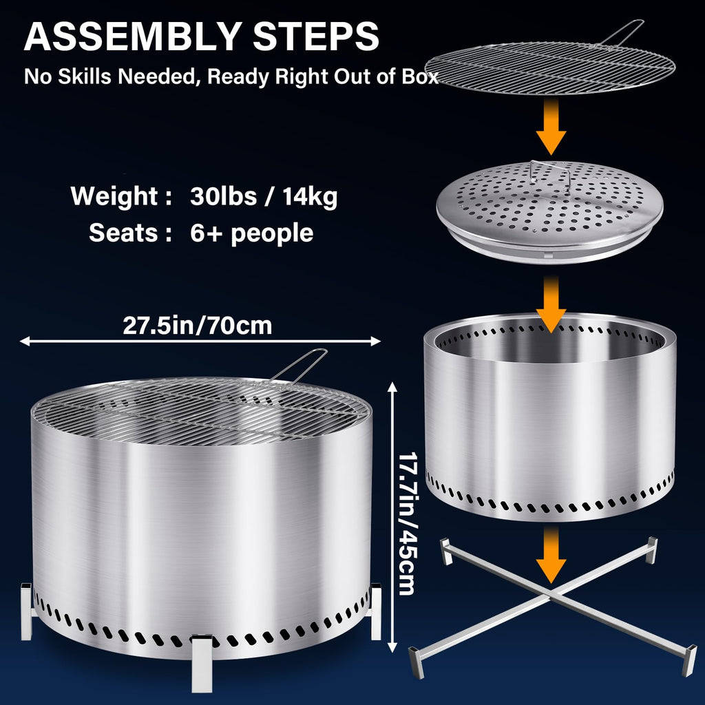 28 Inch Smokeless Firepit with Stand & Grill Rack, Large Stainless Steel Fire Pit, Wood Burning Firepit Garden Picnic