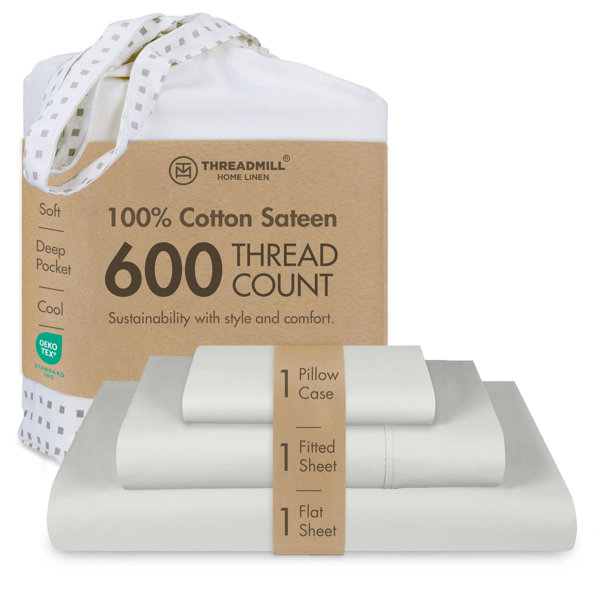 600 Thread Count Cotton Sheet Set, Sateen, Light Grey