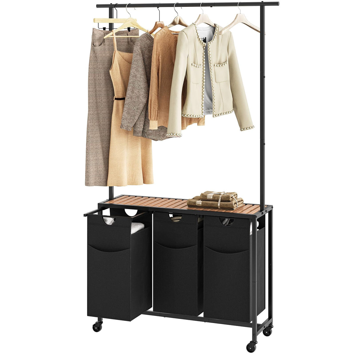 Laundry Sorter 3 Section, Rolling Laundry Hamper with Hanging Rack, Laundry Sorter with Wheels, Hampers for Laundry