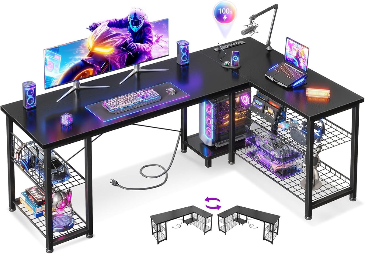 59 Inch L Shaped Gaming Desk with Shelves & Power Outlets | Black Reversible Computer Desk with Storage Shelves