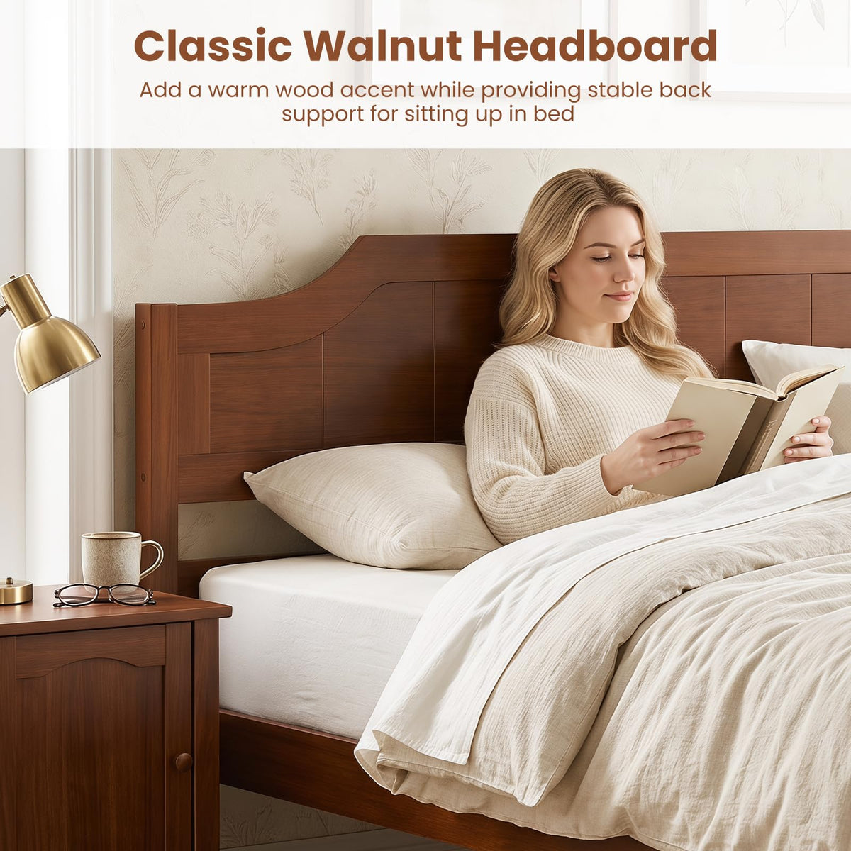 Full Size Wooden Bed Frame with Headboard, Wood Slat Support