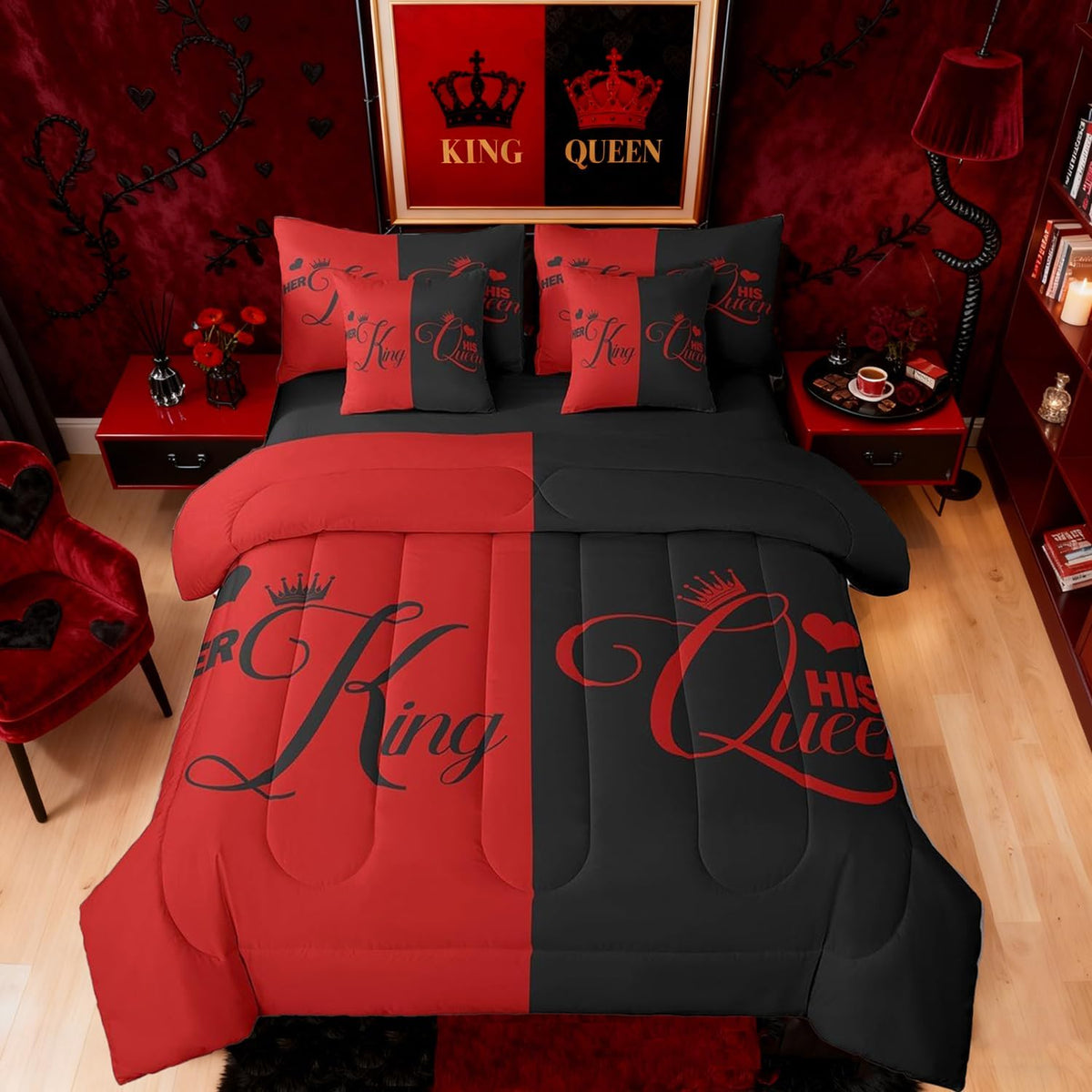 King and Queen Crown Bed in a Bag Comforter Set 7 Pieces, Her King and His Queen Bedding Set, Romantic Valentine's - Set of 7