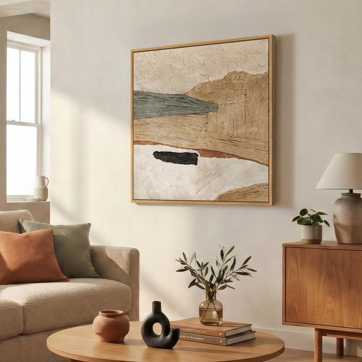 Framed Neutral Organic Abstract Canvas Wall Art, 30x30 Inch