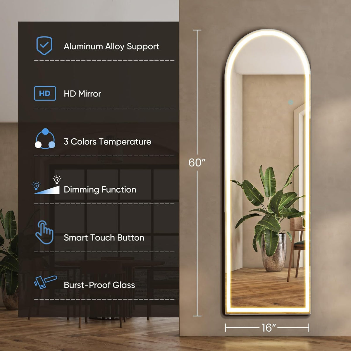 Arched LED Mirror Full Length with Stand, 16"×60" Full Body Wall Mirror with LED Lights 3 Color Lighting, Hanging or