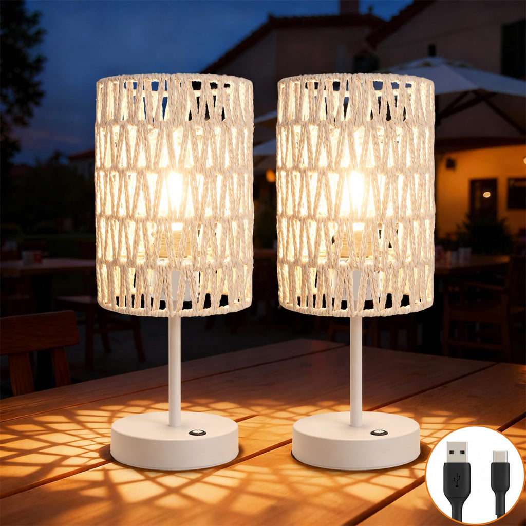 Boho Cordless Outdoor Table Lamps, Rechargeable Battery Operated Rattan Table Lamps, Stepless Dimmable, for Covered