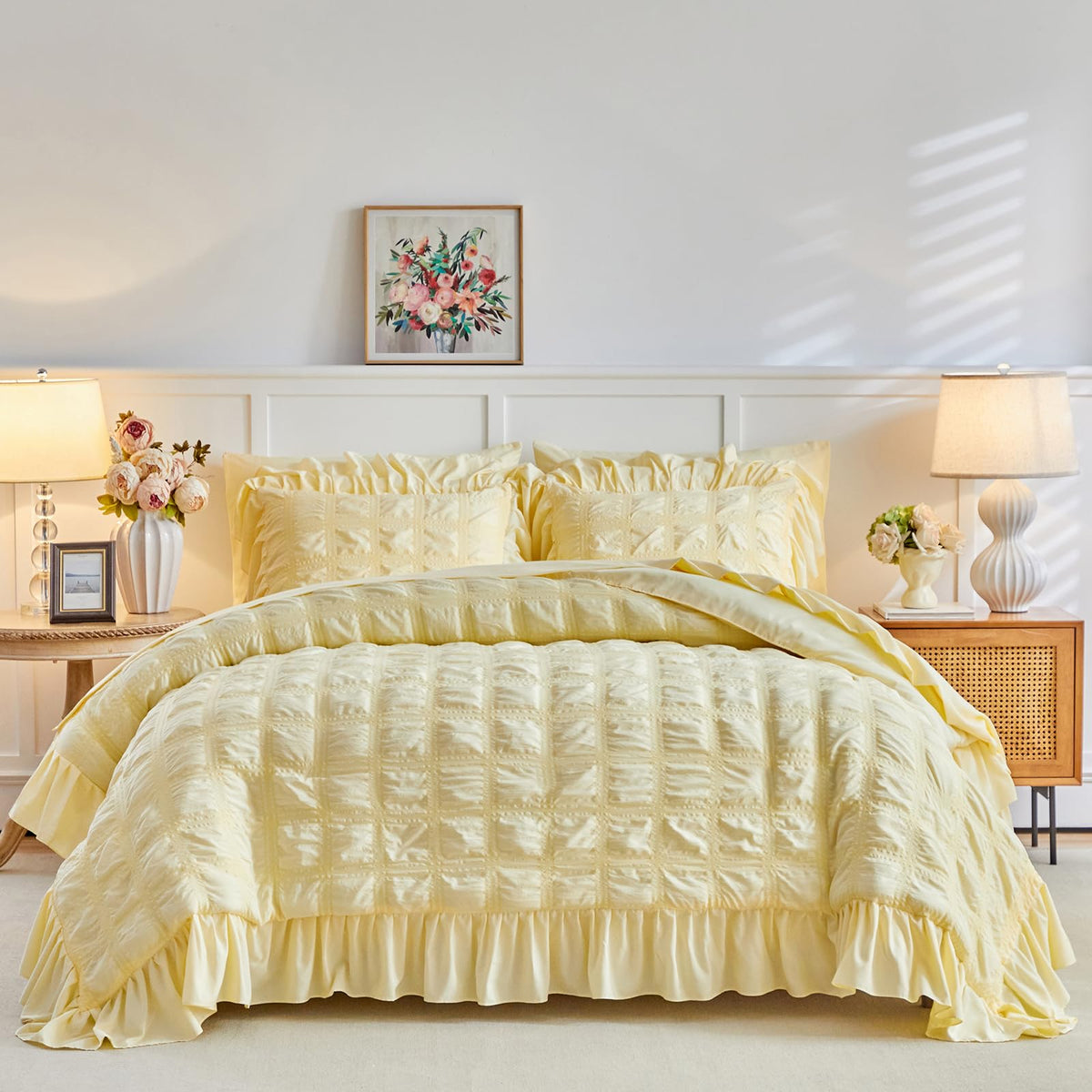 Yellow Plaid Seersucker Duvet Cover Set with Wide Ruffled Fringe, 3 Pieces Soft Bedding Set for All Season