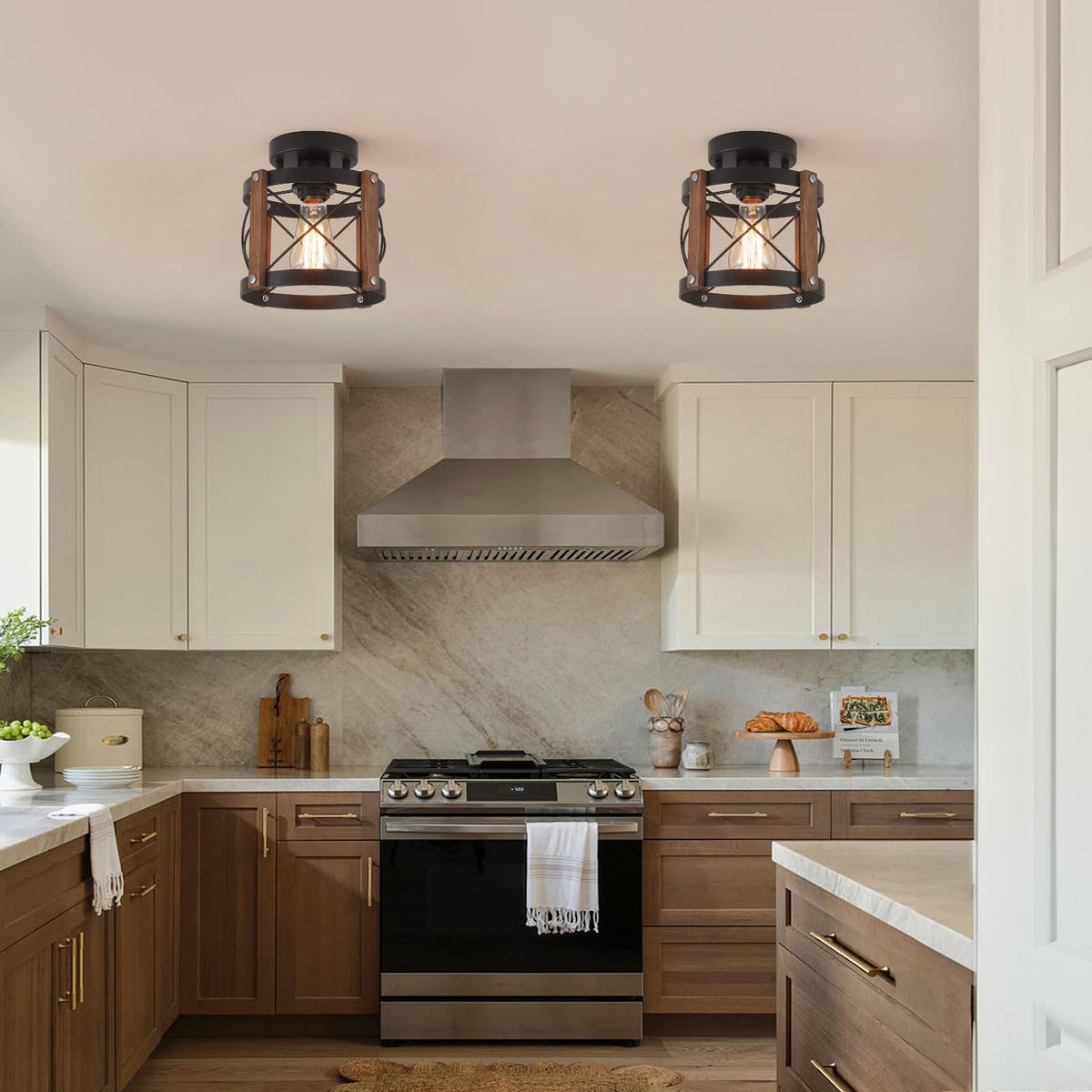 Farmhouse Wood Flush Mount Ceiling Light Fixture Oak Wood and Metal Round Cage Small Semi Flush Mount Ceiling Light
