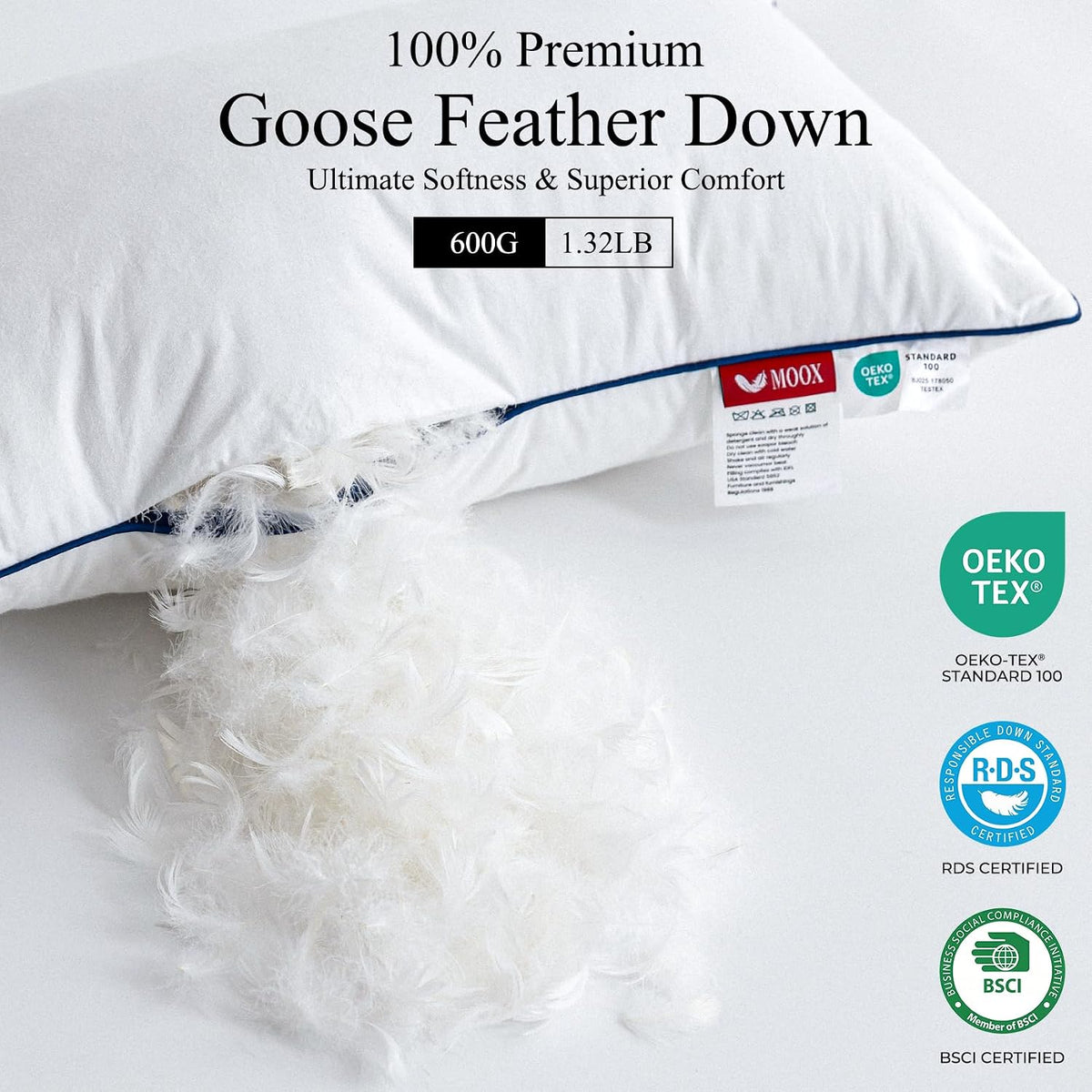 Down 12x20 Pillow Insert, 600g Goose Down & Feather Fill, Decorative Lumbar Throw Pillow Insert with Triple-Layer