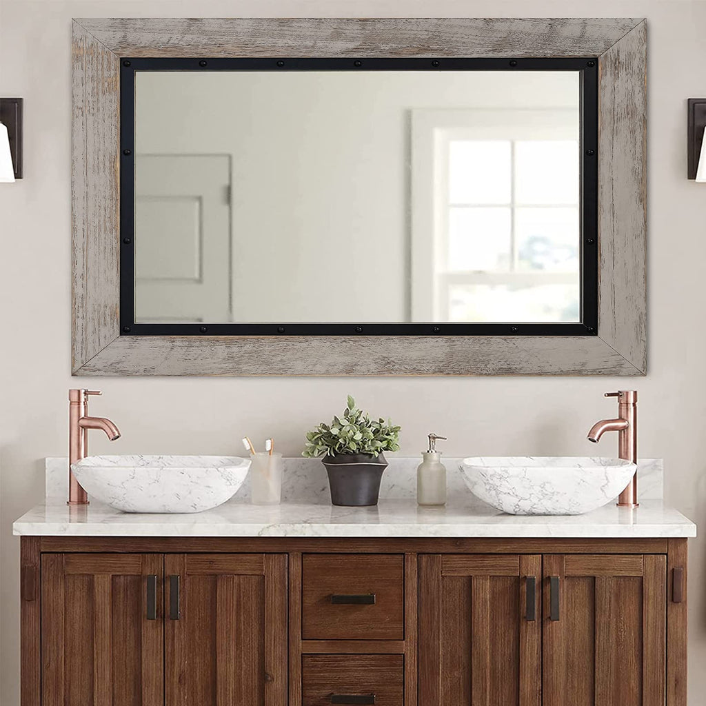 Rustic Wooden Framed Wall Mirror, 48"x30", Natural Wood and Iron Bathroom Vanity Mirror for Farmhouse Decor, Vertical
