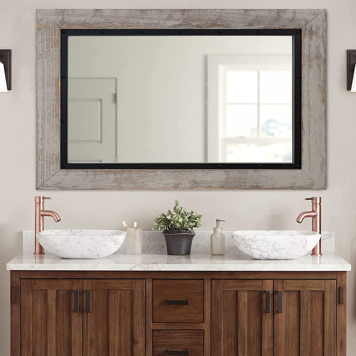 Rustic Wooden Framed Wall Mirror, 48"x30", Natural Wood and Iron Bathroom Vanity Mirror for Farmhouse Decor, Vertical